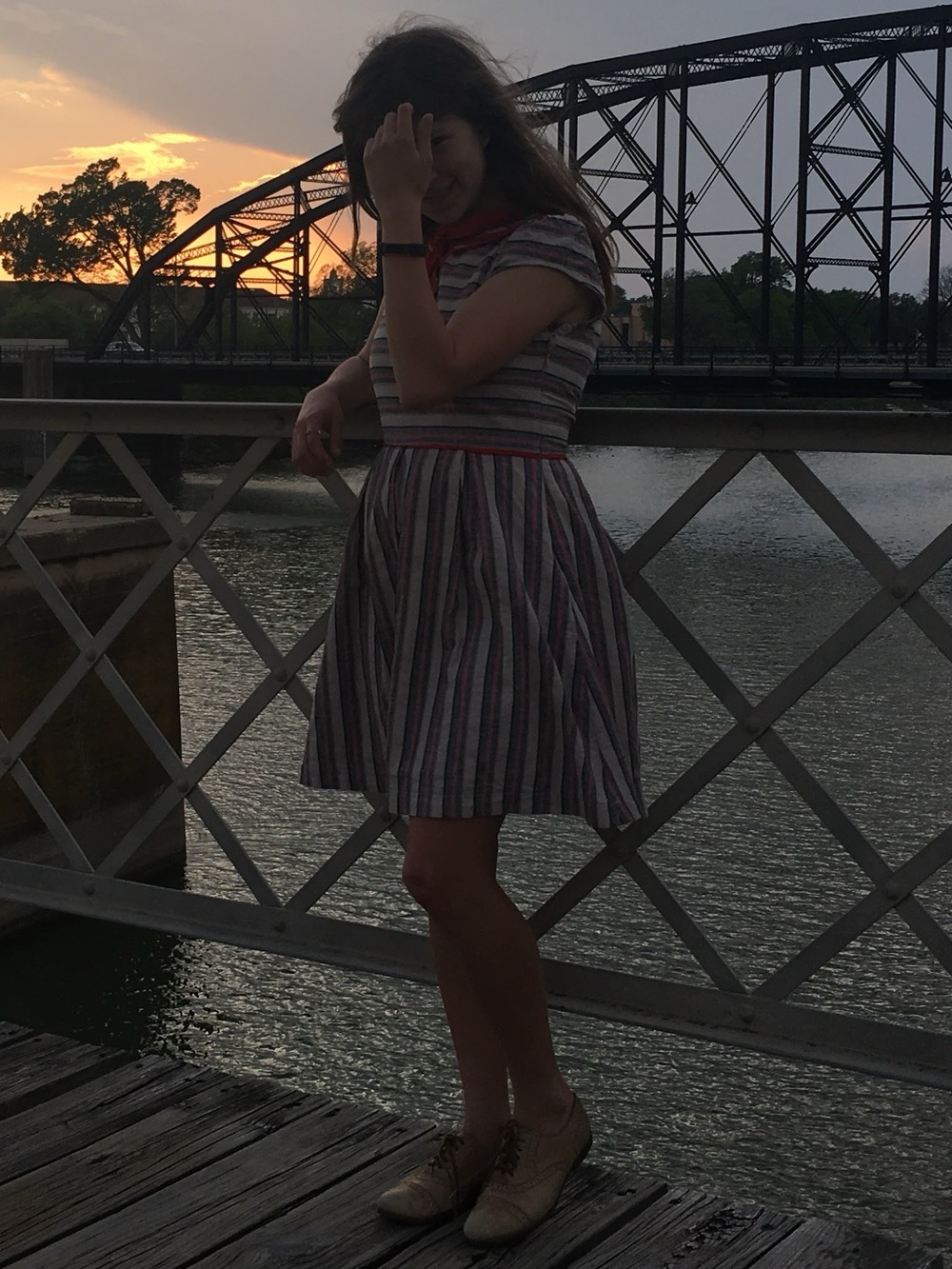 Retro Sailor Collar Striped A-line Dress with Red Bow